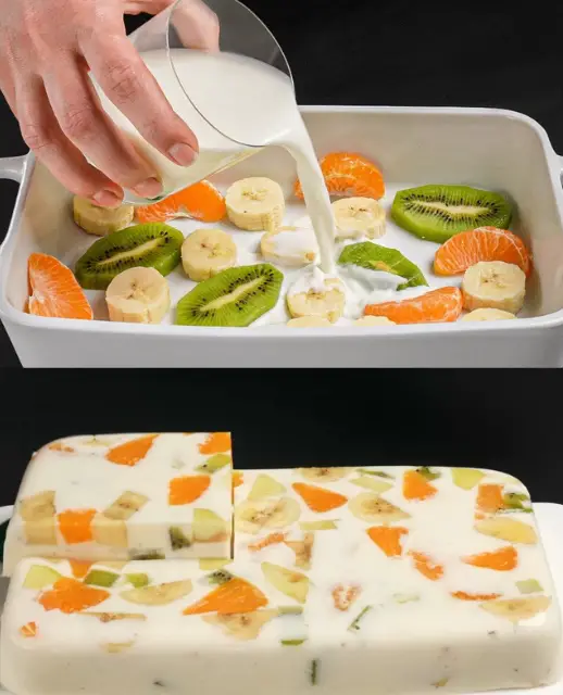 Postre cremoso de frutas con requesón y leche